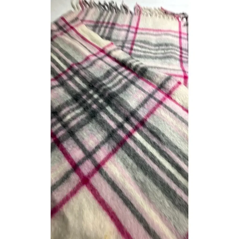 Plaid Wool Scarf with Fringe 68”x29”
